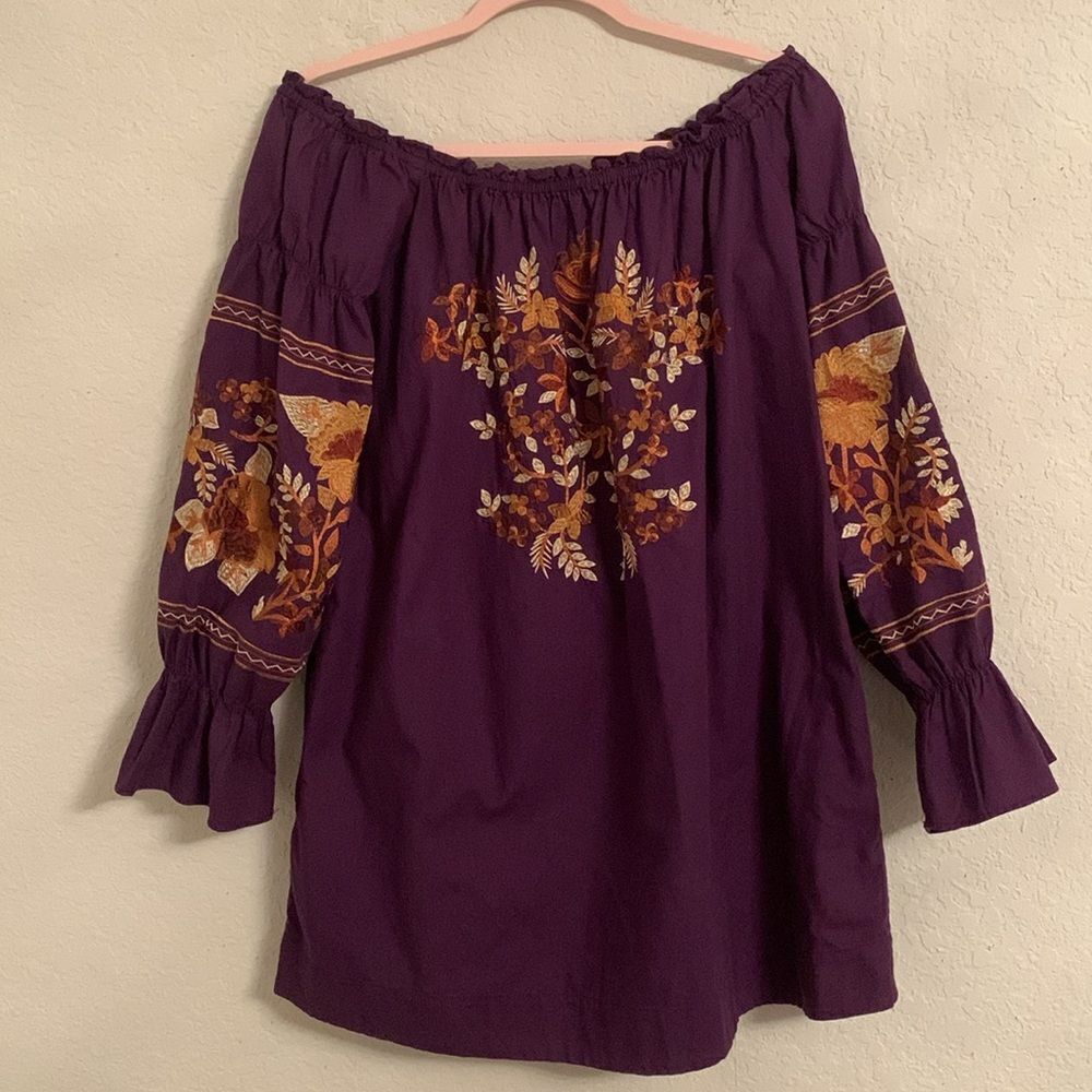 Free People Purple Off-Shoulder Mini Dress with Floral Embroidery Size SP
